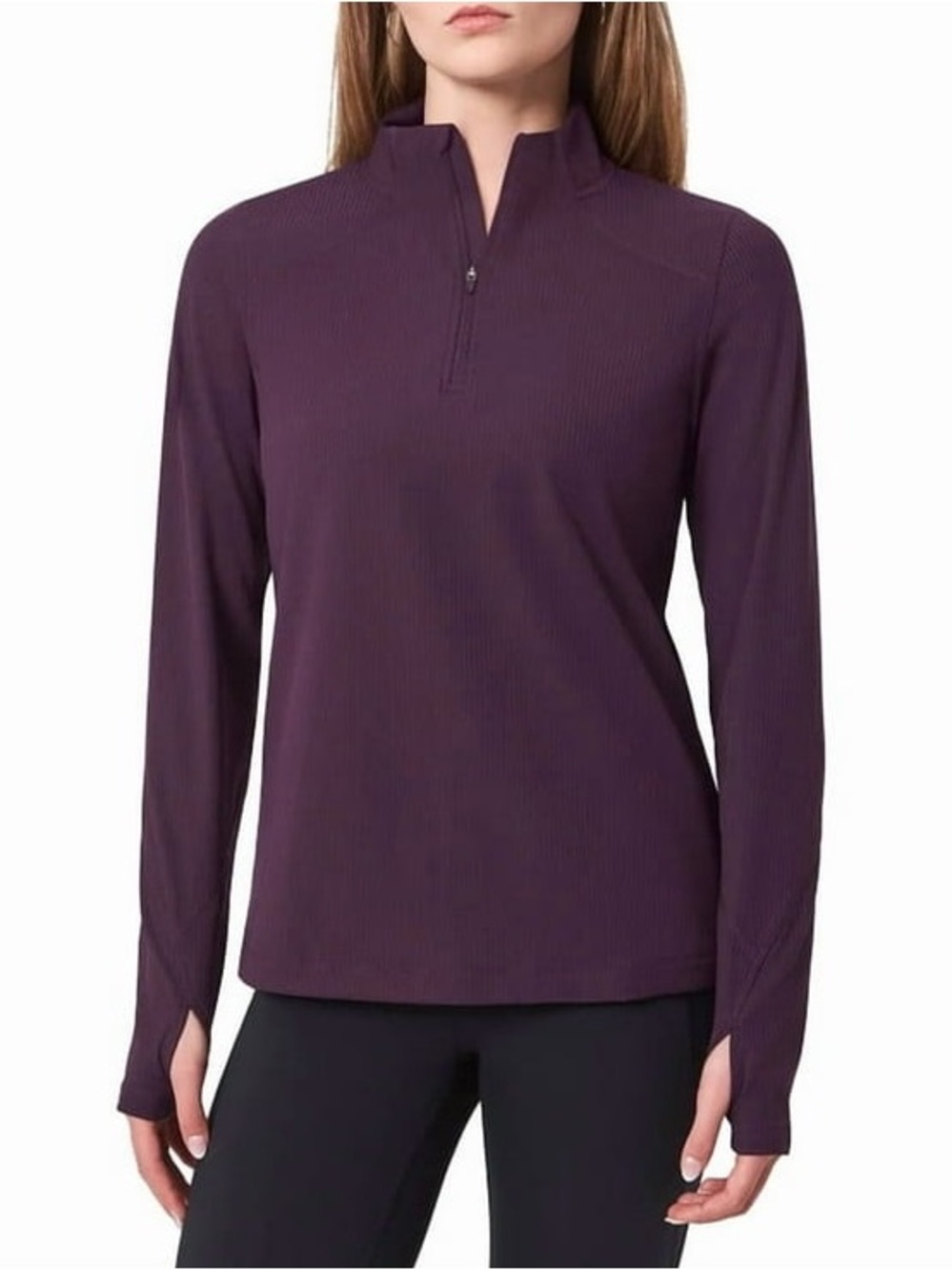 Mondetta Women's Activewear Ribbed Quarter Zip Pullover Plum Purple Thumbholes